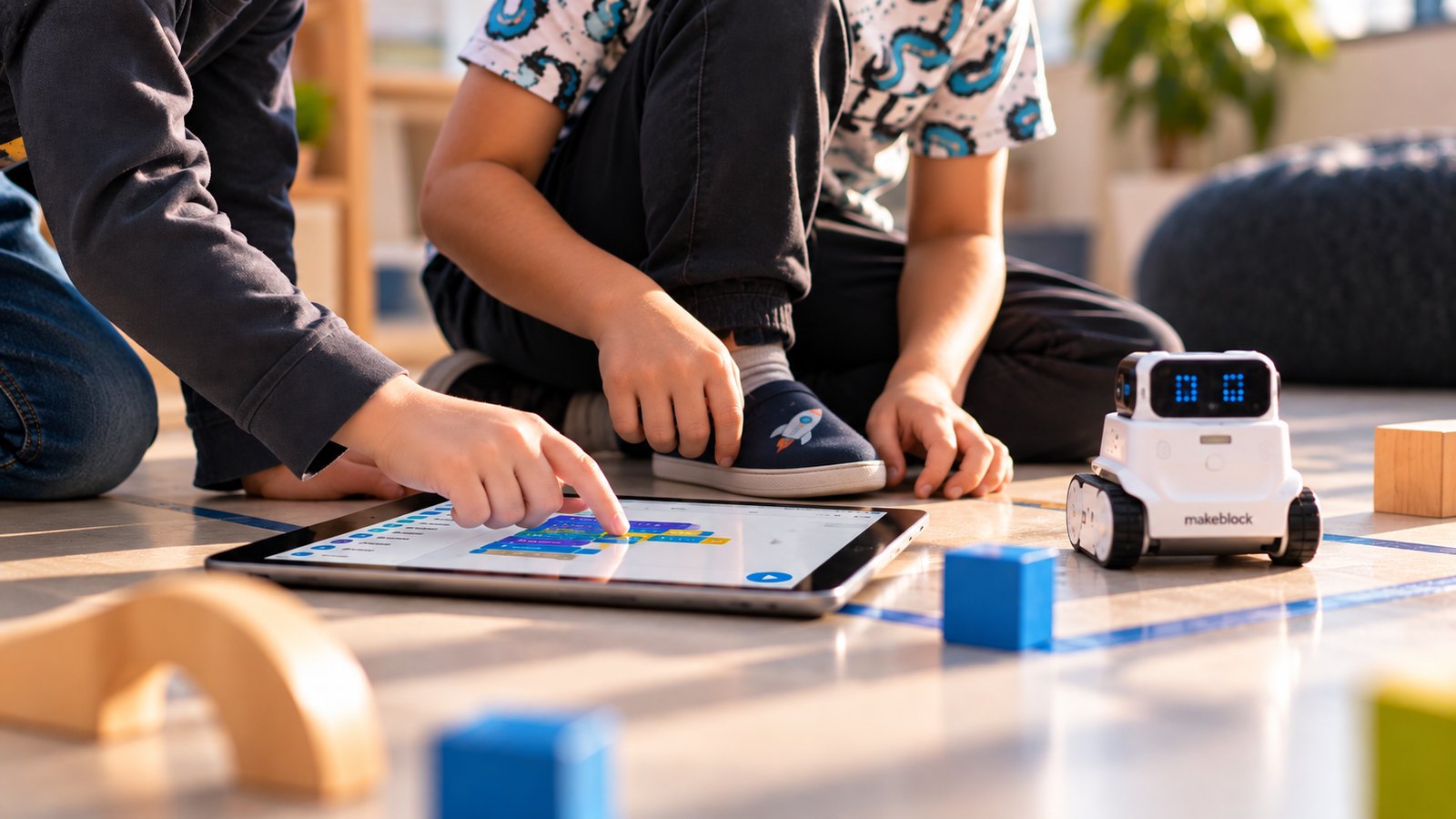 Děti ve FLOW programují robota na tabletu