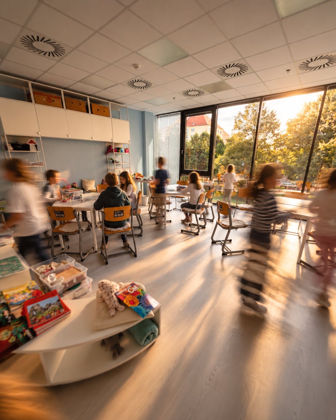 Třída ZŠ FLOW při ranní práci, děti u stolů i v pohybu
