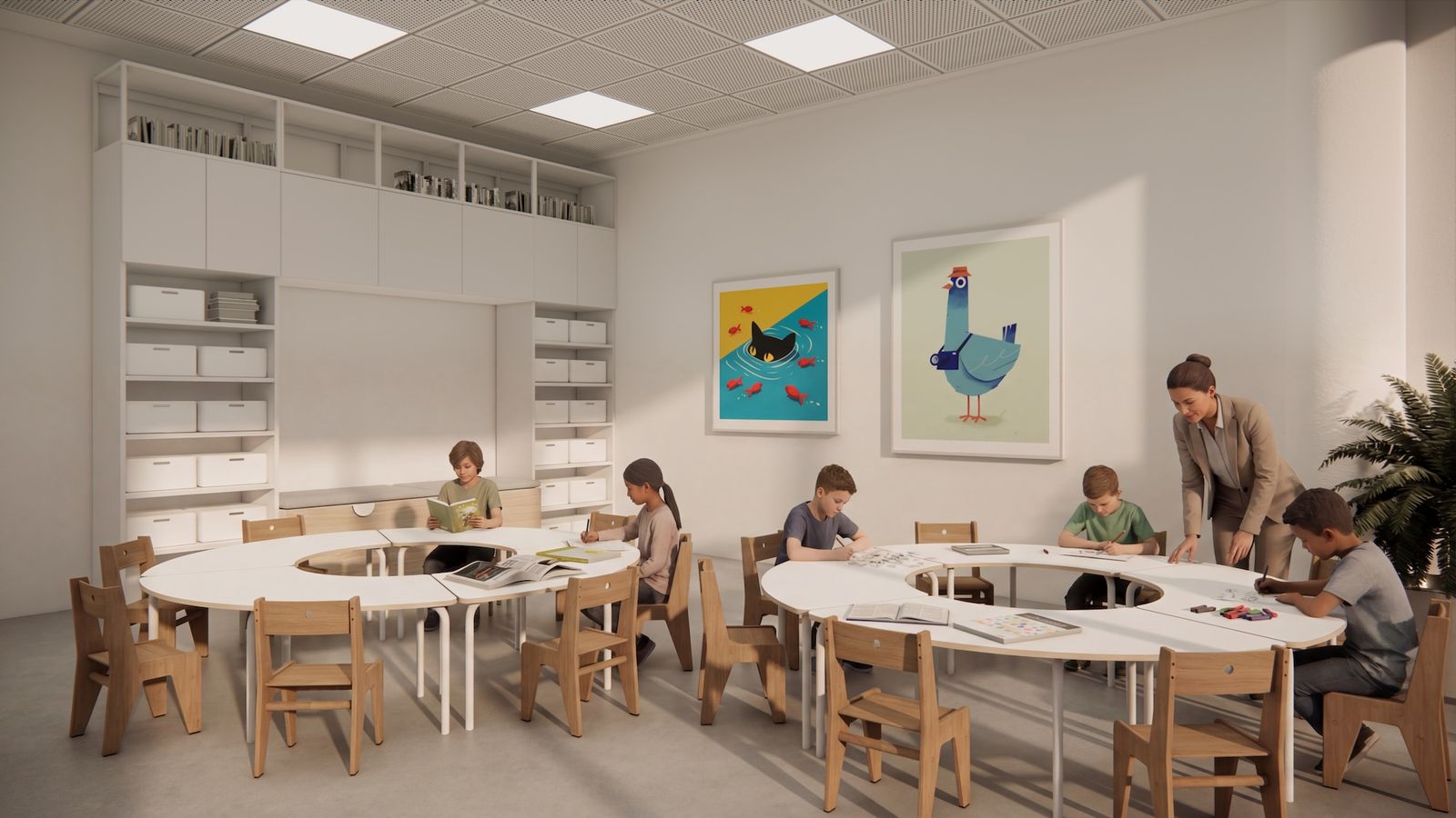 Třída ve FLOW — kruhový stůl, multilingvní stěna a knihovna